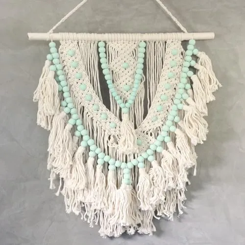 Oriental Galerie Wandbehang Wandschmuck Wandteppich Boho Quaste Deko Gewebter Wandbehang Weiß mit türkisen Perlen 60 cm