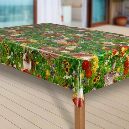 laro Wachstuch-Tischdecke Abwaschbar Wachstischdecke PVC Plastik-Tischdecken Eckig Meterware Abwischbar, Muster:Ostern Blumenwiese Hase, Größe:118x140 cm