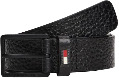 Tommy Jeans Herren Gürtel Elevated Flag, 3,5 cm Ledergürtel in Schwarz - Eleganter Echtleder-Gürtel für jeden Anlass, mit praktischer quadratischer Metallschnalle zur einfachen Größenanpassung. Ideal für moderne Looks und hohen Tragekomfort.