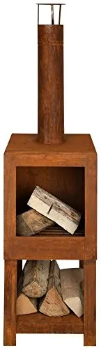 Esschert Design Terrassenofen mit Holzlager - Rost-Optik, ideal für gemütliche Abende im Freien und schnelle Holzlagerung