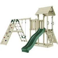 OutdoorToys Spielturm - Schaukelspielplatz aus Holz in Dunkelgrün, ideal für Kinder ab 3 Jahren, sorgt für stundenlangen Spielspaß im eigenen Garten.