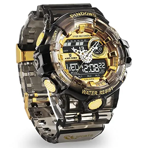 PINDOWS Herren Digitaluhr für Herren Uhr Digital Armbanduhr Sportuhr Teenageruhr Digital Analog Display Uhren mit Wasserdichtes Licht Alarm Countdown Multifunktionale Armbanduhren