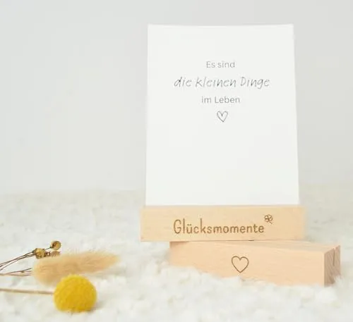 DwieDeko® Kartenhalter Holz 2er Set Glücksmomente & Herz – Fotogeschenke beste Freundin - Geschenke für Frauen - Tischkartenhalter für Affirmationskarten - Danke Geburtstag Erwachsene o. Kinder
