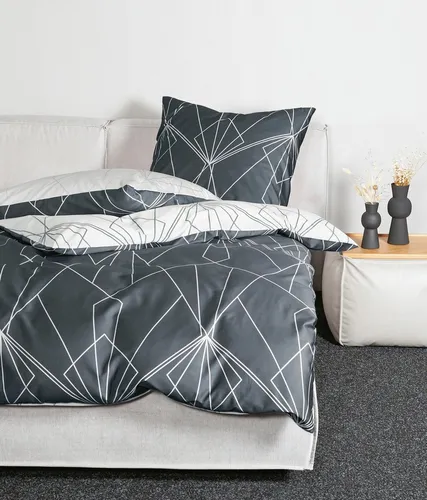 Janine Wendebettwäsche J. D. 87054, 3-teilig aus Mako-Satin - Bettwäsche in grau anthrazit mit grafischem Muster, aus 100% Baumwolle, pflegeleicht und OEKO-TEX® zertifiziert für höchsten Schlafkomfort.