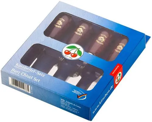 Kirschen Kurzbeitelsatz 4-tlg. 6 - 12 - 20 - 26mm - Holzwerkzeuge, ideal für präzises Arbeiten in engen Bereichen mit einer Gesamtlänge von nur 165 mm für optimalen Komfort und Kontrolle.