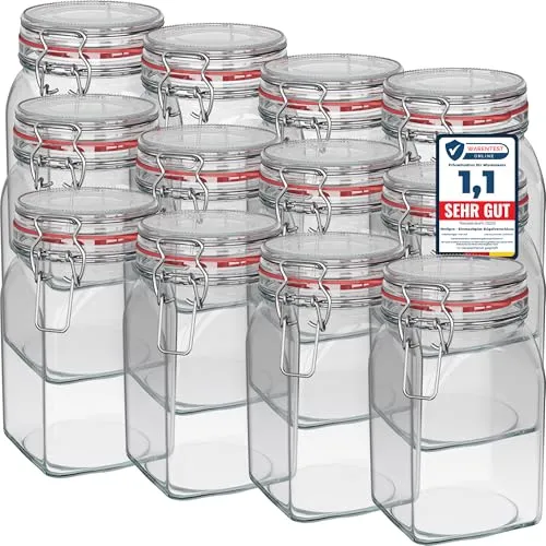 WELLGRO Einmachgläser mit Bügelverschluss eckig - 12 Stück, 1150ml - Einmachgläser für vielseitige Verwendung, luftdicht und nachhaltig. Ideal für die Aufbewahrung von Lebensmitteln und gesunden Snacks. Hergestellt in Deutschland.