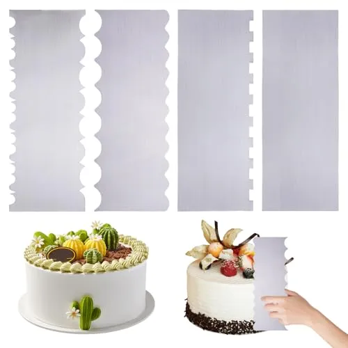 BORDEAG 4 Stück Kuchenschaber aus Edelstahl, Tortenspachtel, Tortenschaber, Gezackte Kanten, Glatt und Gestreifte Seite, für Buttercreme Küche Backen DIY