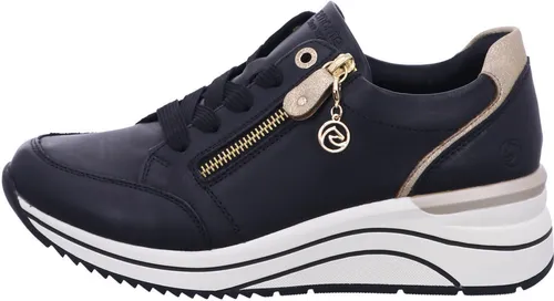 Sportliche Keilsneaker REMONTE für Damen, Gr. 43 - Sneaker aus Leder und Lederimitat mit 5 cm Keilabsatz, ideal für komfortable Freizeitlooks. Der goldfarbene Logoanhänger setzt einen stylishen Akzent.