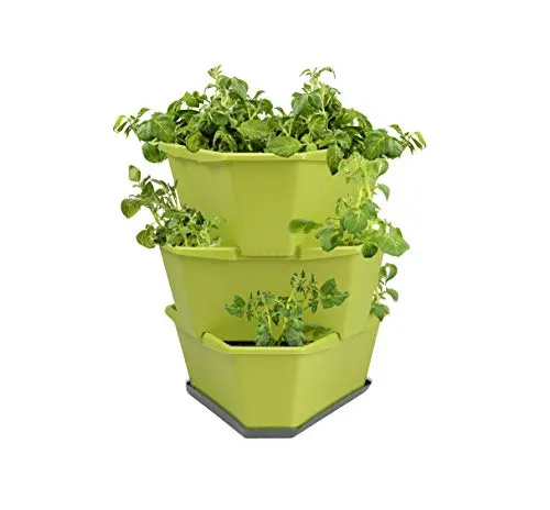 GUSTA GARDEN Paul Potato Starter Kartoffelturm - stapelbar - Hochbeet/Pflanzgefäß/Blumentopf für Balkon, Garten und Terrasse (3 Etagen, Grün) inkl. Untersetzer