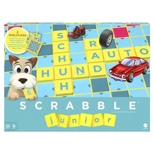Mattel Games Scrabble Junior - Doppelseitiges Wörterspiel für Kinder 5-10 Jahre, fördert Sprache und Kreativität, ideal für 2-4 Spieler