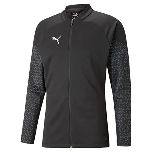 Puma Team Cup Trainingsjacke Herren - Schwarz - Slim Fit - Trainingsbekleidung mit dryCell-Technologie für optimalen Feuchtigkeitstransport und 100% recyceltem Polyester. Cooles Design mit Grafikprint und Reißverschlusstaschen für praktische Nutzung.