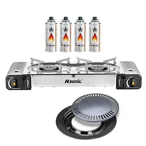 Mianova Campingkocher Doppel Gaskocher 2 flammiger Shisha Anzünder Grill Notfallkocher Kühltasche Gaskartuschen Gas Kocher Set Silber Grillplatte 4 Gasflaschen
