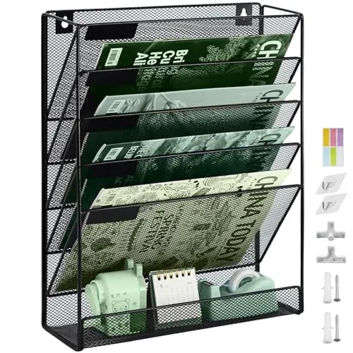 IOUGDSEC Zeitschriftenhalter Wand, Hängeorganizer Wandablagefächer A4, 6 Fächer Prospektspenderset, Metall Hängeorganizer, Dokumentenablage Schwarz