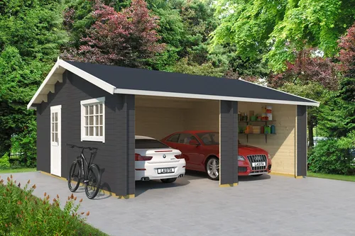 Garage Satteldach 44 mm Falkland ohne Tor grau 595x595 cm - Gartenhäuser, Geräteschuppen & Carports - Hochwertige Blockbohlen-Konstruktion mit abschließbarem Doppelfenster, ideal für sichere Lagerung und vielseitige Nutzung.