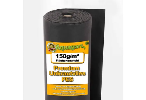 Aquagart 25m Unkrautvlies schwarz PES - 150g - Gartenvlies für effektiven Unkrautschutz, luft- und wasserdurchlässig, ideal auch als Drainagevlies einsetzbar.