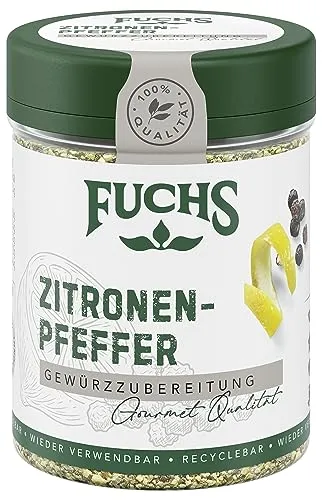 Fuchs Gewürze - Zitronenpfeffer Gewürz - Gewürrzubereitung für Lachs, Zander und Kabeljau - natürliche Zutaten - 75 g in wiederverwendbarer, recyclebarer Dose