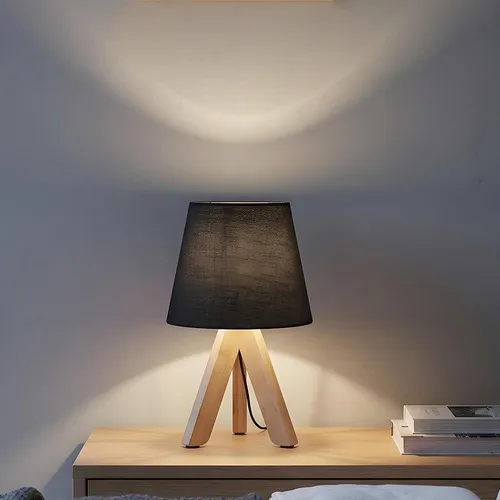 MinteVolt Moderne Nachttischlampe Bambus mit Stoffschirm Schwarz, Stativ, E14