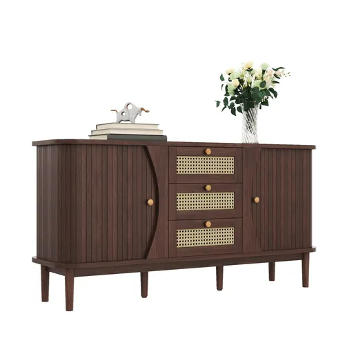 Sideboard, Rattankommode, Kommode(Braun)mit Schiebetüren, verstellbaren Einlegeböden und abgerundeter Platte