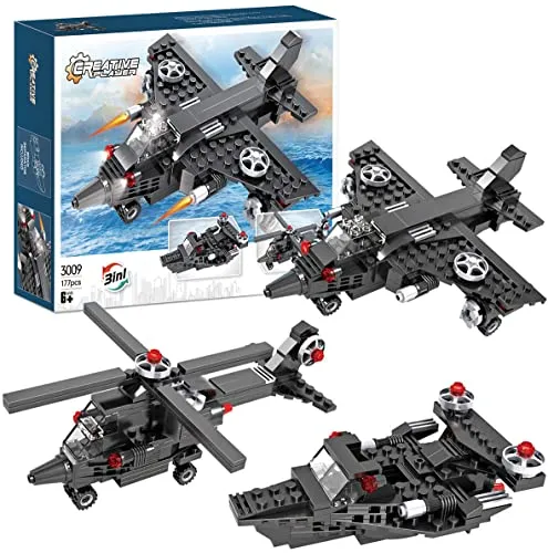 COGO Creator 3in1 Düsenflugzeug, Kanonenboot, Hubschrauber Bauspielzeugsets Flugzeug Konstruktionsspielzeug Kreatives Spielzeug Kinder 6 7 8 9 10 11 12 (177 Stück)