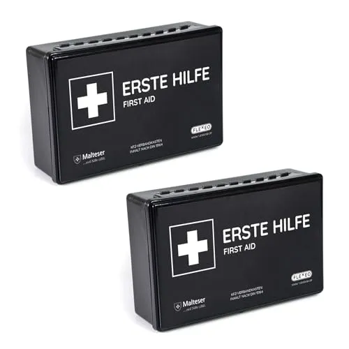 2er Set KFZ-Verbandkasten nach aktueller DIN 13164:2022 | inkl. je 2 med. Gesichtsmasken | Gültig für 2025 gemäß StVZO | Erste Hilfe Set/Kasten/Verbandskasten Auto/PKW/Motorrad | Schwarz