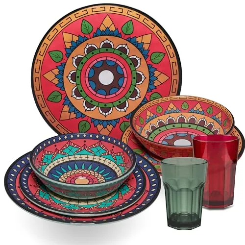 Melamin Geschirr Set Toskana Deep für 2 Personen - 8 Teile - Rot-Grün - Mandala-Optik mit farblich passenden Trinkgläsern 400 ml Zubehör Campinggeschirr Wohnwagen Camping Festival Picknick Gartenparty