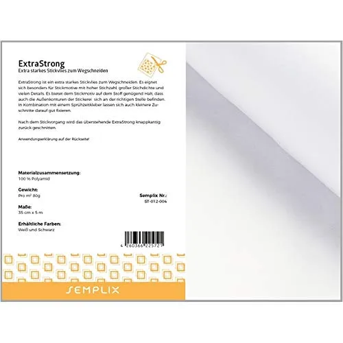 SEMPLIX ExtraStrong – extra Starkes Stickvlies zum Wegschneiden besonders für Stickmotive mit hoher Stichzahl/großer Stichdichte (weiß, 35 cm x 5 m)