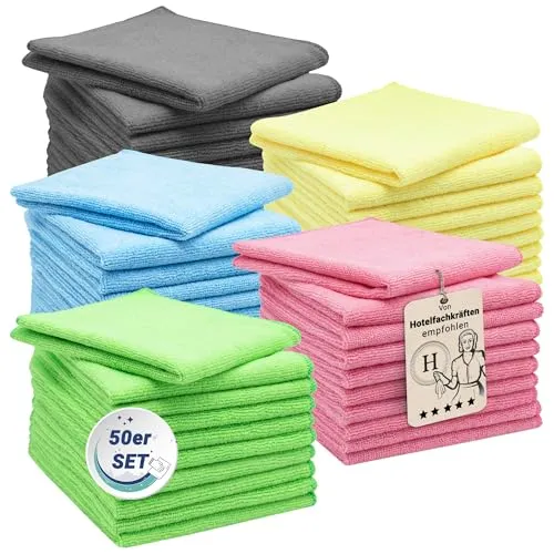 ZOLLNER 50er Set Mikrofasertücher - flusenfrei und saugstark für streifenfreien Glanz - Wiederverwendbare Reinigungstücher, ideal für streifenfreien Glanz auf Fenstern und Fliesen. Waschbar bis 60°C, perfekt für die Gastronomie und den privaten Haushalt.