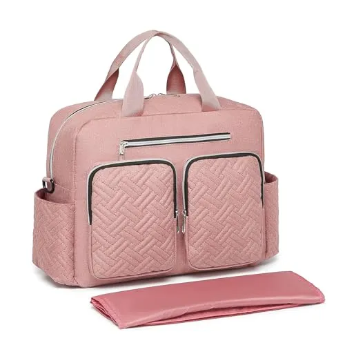 KONO Baby Wickeltasche Windeltasche zum Aufhängen am Kinderwagen, große Weekender Reisetasche für Mama & Papa mit isolierten Fächern, Wickelauflage, wasserdicht und leicht (37x37x14,5cm)(Rosa)