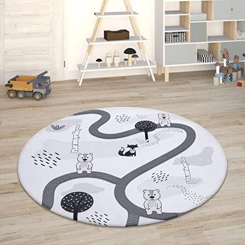 Paco Home Kinderteppich Teppich Kinderzimmer Spielmatte Straßenteppich Spielteppich, Grösse:120 cm Rund, Farbe:Weiß