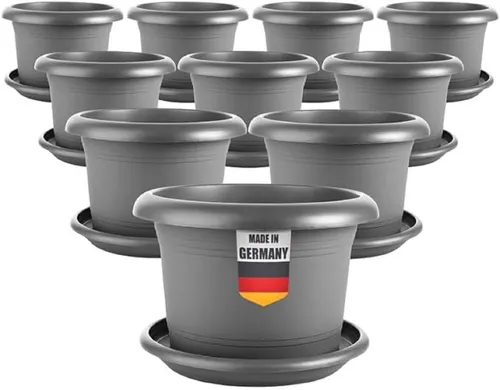 SUSTANIA Blumentopf Pflanzkübel mit Untersetzern (10er Set 30 cm Durchmesser), Anthrazit Pflanztopf rund