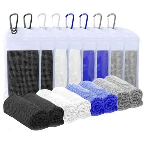 Kühlende Handtücher, atmungsaktiv, kühlende Handtücher für alle Übungen, Sport, Laufen, Yoga, Fitnessstudio, Camping, Goft Fitness, Workout, Indoor Outdoor (Schwarz + Weiß Dunkelblau Grau), 8 Stück
