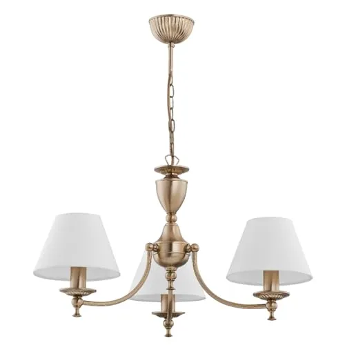 Eleganter Jugendstil Kronleuchter mit Schirm in Messing Antik Creme - 3-flammige Hängeleuchte für Wohnzimmer und Esszimmer. Blendarm streuendes Licht sorgt für angenehme Atmosphäre. Freie Wahl der E14-Leuchtmittel für individuelle Helligkeit und Lichtfarbe.