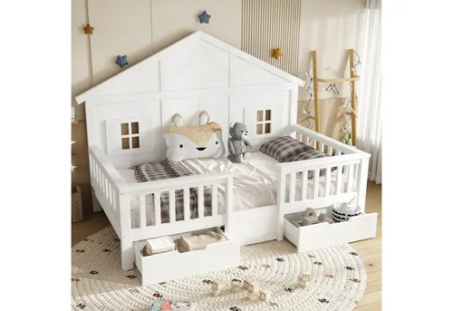 Redom Kinderbett Weiß 90x200 cm mit Stauraum - Dieses stilvolle Kinderbett in Weiß bietet nicht nur einen charmanten Rückzugsort, sondern auch praktische Schubladen für Spielzeug und Kleidung. Ideal für jedes Kinderzimmer – stabil und langlebig mit FSC-zertifiziertem Holz.
