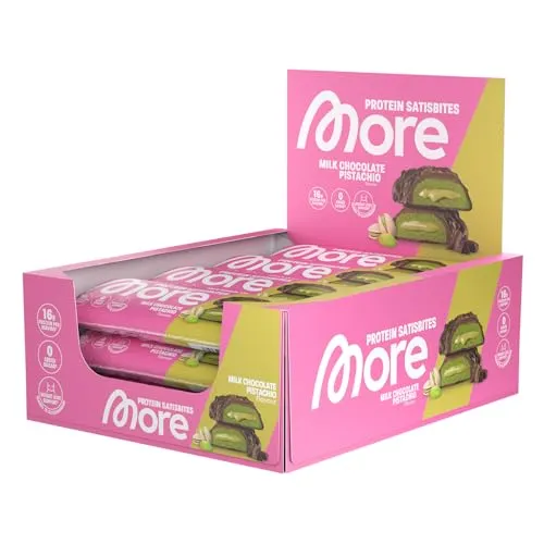 MORE Protein Satisbites, 12er Box Proteinriegel, Milk Chocolate Pistachio
