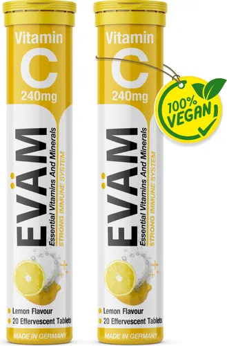 EVÄM Vitamin C 240 mg Brausetabletten Geschmack Zitrone 2x 20 Stück Nahrungsergänzungsmittel zur Unterstützung des Immunsystems zuckerfrei Hergestellt in DE