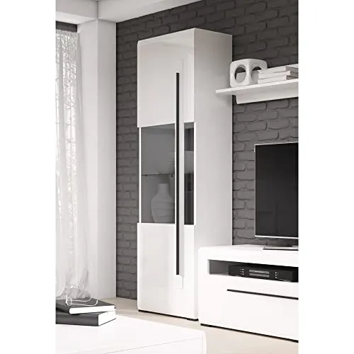 Lomadox Vitrine weiß modern mit schwarz, 60x204x39 cm - Moderne Vitrine in Weiß mit eleganten schwarzen Akzenten. Aus hochwertigem Material gefertigt, mit Softclose-Tür und ESG-Sicherheitsglas für stilvolle Präsentation.