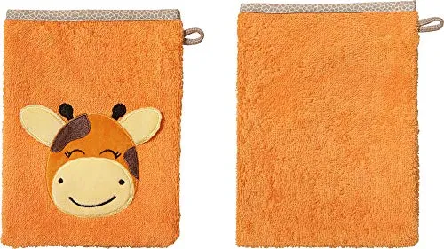Erwin Müller Kinder-Waschhandschuh, Waschlappen 2er- Pack Giraffe Walk-Frottier orange Größe 15x21 cm - weich, saugstark, strapazierfähig, mit Aufhängeschlaufe