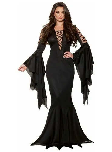 Underwraps Vampir-Kostüm Vampiress Kleid - Elegantes Halloween Kostüm für Damen - Figurbetontes Vampirkleid mit tiefem Ausschnitt und Trompetenärmeln. Ideal für Halloween-Partys und unvergessliche Auftritte. Hochwertiges Material für optimalen Tragekomfort.