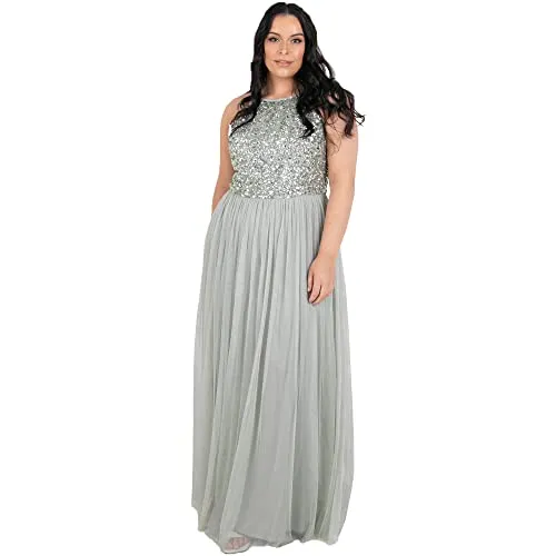 Maya Deluxe Damen Maya Deluxe Navy Embellished Halter Neck Maxi Bridesmaid Dress, Green Lily, 48 EU (Herstellergröße: 20)