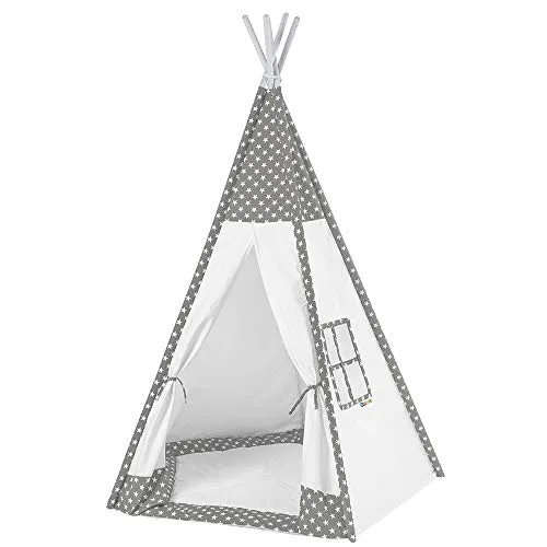 howa Tipi Zelt für Kinder Sterne grau/weiß - Spielzelt aus 100% Baumwoll-Canvas im modernen Sterne Design, inklusive gepolsterter Bodenmatte für zusätzlichen Komfort.