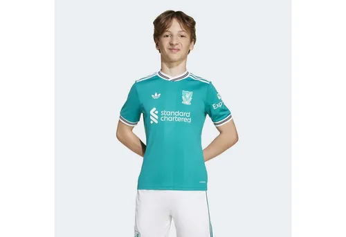 Adidas Liverpool FC Ausweichtrikot 2025/26 Kinder - grün - Liverpool FC Kindertrikot in modernem Design, feuchtigkeitsregulierendes AEROREADY für besten Tragekomfort und inspiriert von der Vereinsgeschichte.