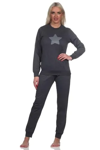 Normann Lässiger Damen Langarm Schlafanzug Pyjama mit Bündchen und Stern Motiv, Farbe:anthrazit, Größe:44-46