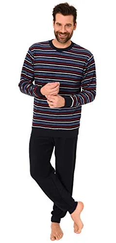 Langer Herren Frottee Pyjama Schlafanzug mit Bündchen - Streifenoptik - 291 101 13 133, Farbe:Marine/rot, Größe:48