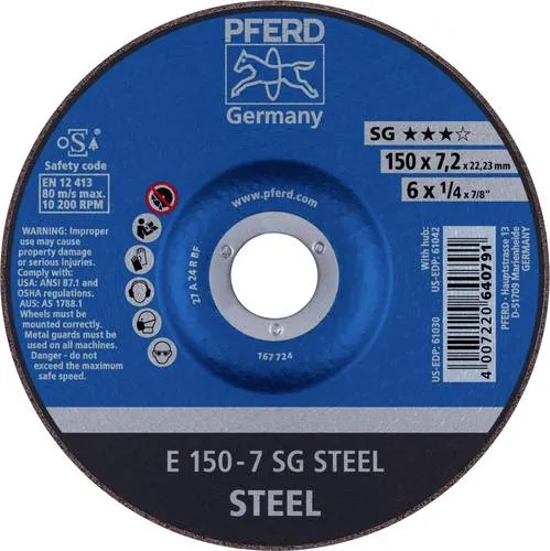 PFERD 62215726 E 150-7 SG STEEL Schruppscheibe - Zubehör für Elektrowerkzeug: Hochleistungs-Schruppscheibe für Stahl mit hervorragender Schleiffreudigkeit und langer Standzeit, ideal für präzise Wurzelnahtbearbeitung.