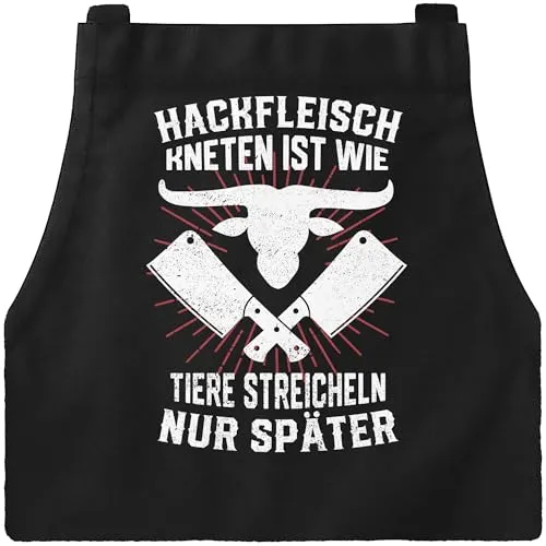 MoonWorks® Herren-Grillschürze mit Spruch Lustig Hackfleich kneten ist wie Tiere streicheln Baumwolle Küchenschürze Männer Schwarz Herren