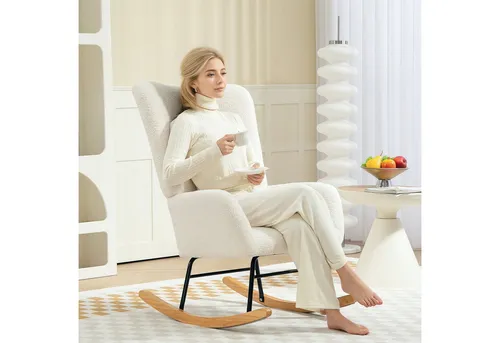 Homcom Schaukelstuhl Weiß - Eleganter Sessel für Entspannung - Moderner Schaukelstuhl in Cremeweiß mit dick gepolsterter Rückenlehne für optimalen Komfort und sanften Schaukelbewegungen zwischen 90° und 115°. Ideal für entspannte Stunden im Wohnzimmer.