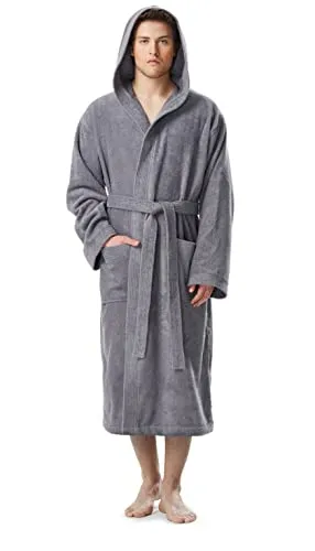 Herren Bademantel mit Kapuze XXL-3XL in Grau - Bademäntel für Herren, aus 100% schadstofffreier Baumwolle, mit Kapuze und zwei großen Taschen – ideal für Sauna, Spa und entspannte Momente.