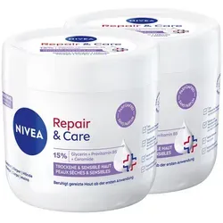 Nivea Tagescreme Repair & Care Creme-Tiegel Parfümfrei 400ml, 2-tlg., angereichert mit 15% Glycerin, Provitamin B5 und Ceramide