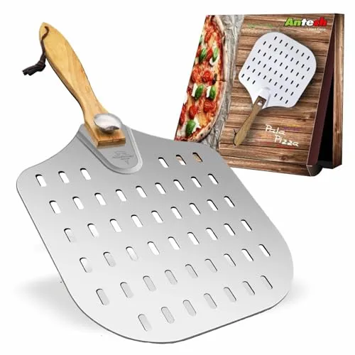 Antech Leichte perforierte Pizzaschaufel aus Aluminium mit klappbarem Griff – Professionelle Lochung für perfektes Backen – Bis 4 kg – Ideal für Haushalt, Pizzeria und Bäckerei