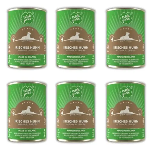 Irish Pure Premium Senior Nassfutter für Hunde | 6 x 390g | irisches-Huhn | Vitamine | Getreidefrei | Sensitiv | mit Superfood Kelp-Alge | Nassfutter für alle Rassen